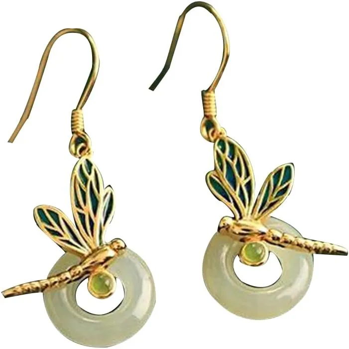 Chinese Dangle Earrings,S925 Silver Gold-Plated Natural White Jade Peace Button Earrings for Women