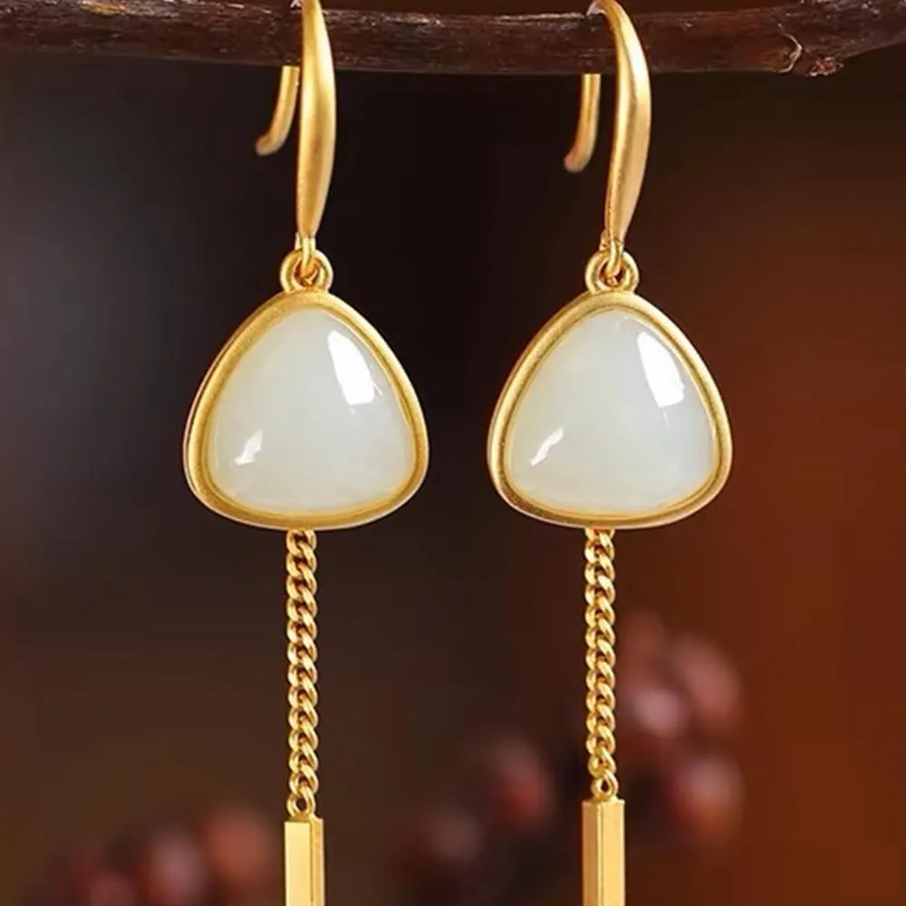 Chinese Dangle Earrings,S925 Silver Gold-Plated Natural White Jade Triangle Tassel Earrings for Women
