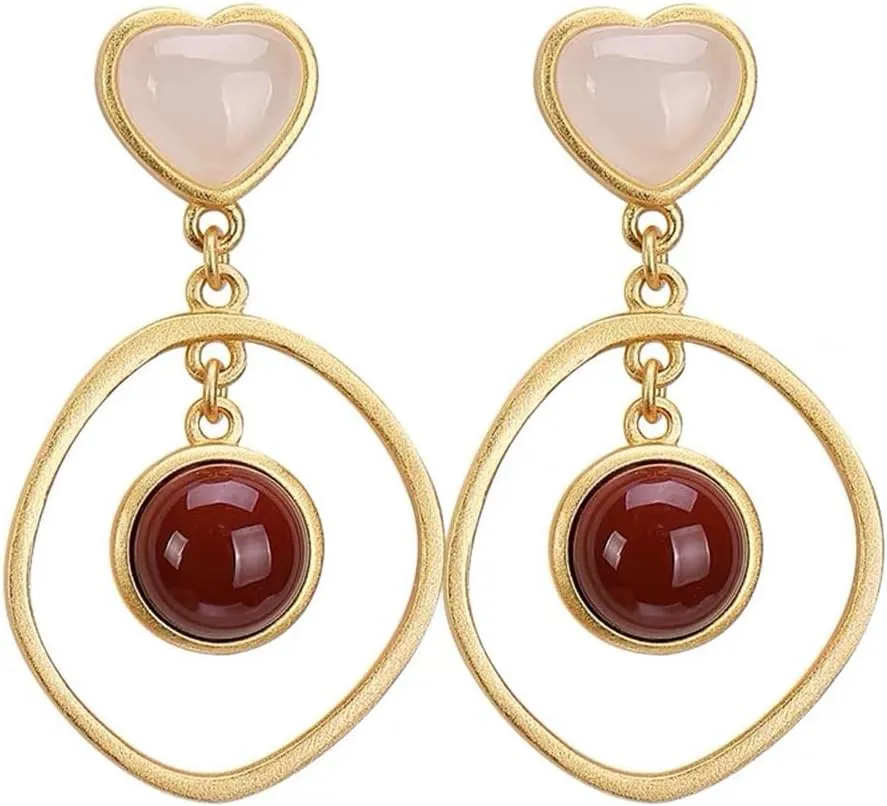 Chinese Dangle Earrings,S925 Silver Gold-Plated with Natural Nan Hong Agate and White Jade Heart Earrings Jade for Women