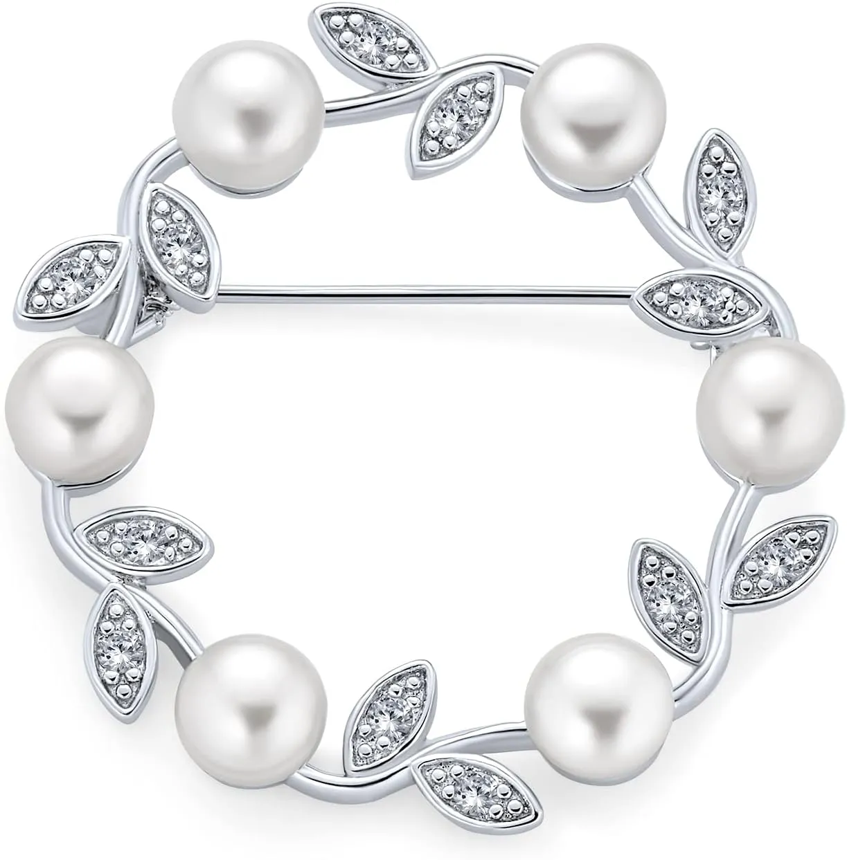 Christmas Elegant Bridal Holiday Marquise CZ Round Crystal White Simulated Pearl Wreath Circle Scarf Brooch Pin For Women Wedding Gold Silver Plated