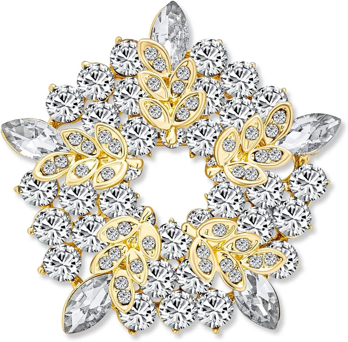 Christmas Elegant Bridal Holiday Marquise CZ Round Crystal White Simulated Pearl Wreath Circle Scarf Brooch Pin For Women Wedding Gold Silver Plated