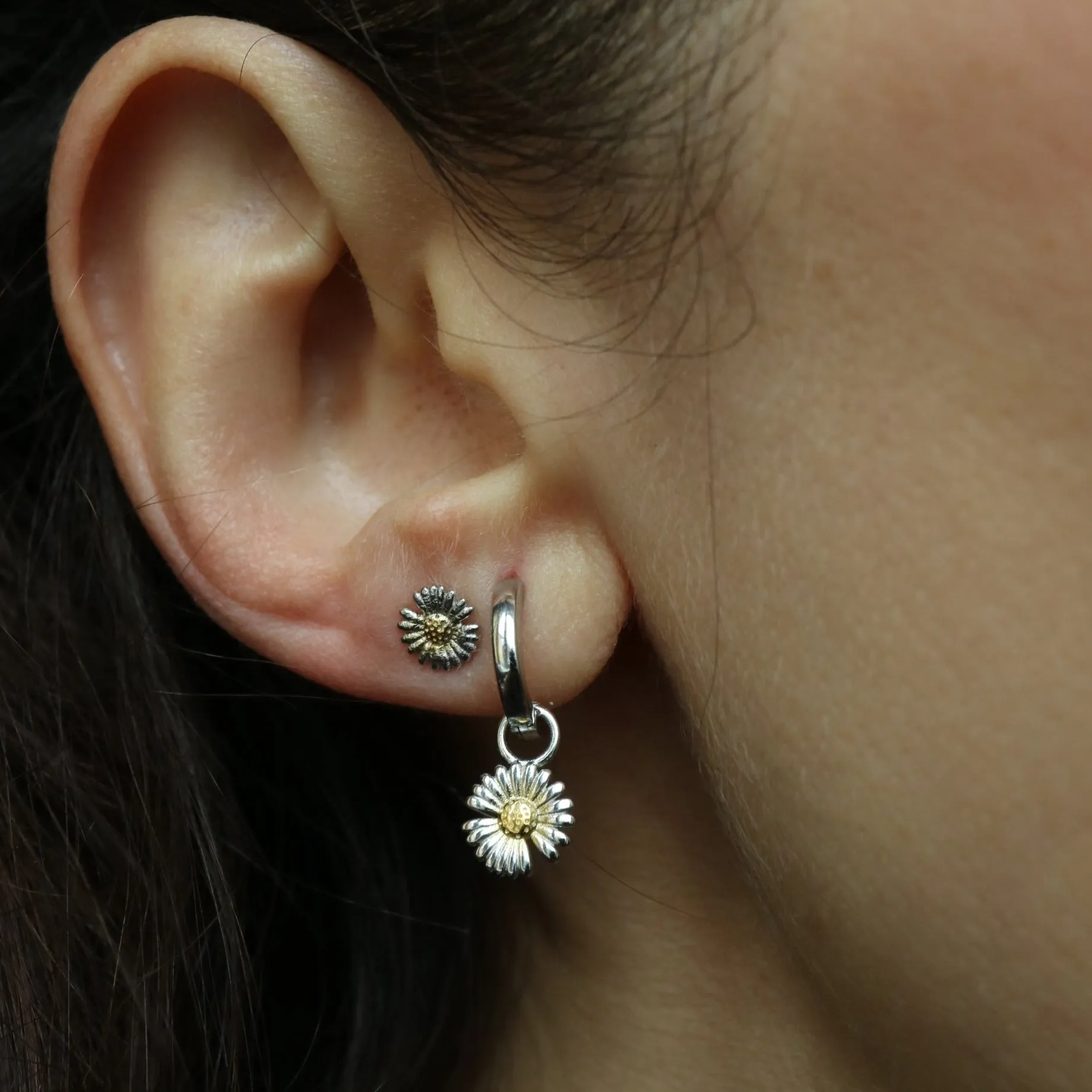 Chrysanthemum Bloom Silver Huggie Hoops Earrings