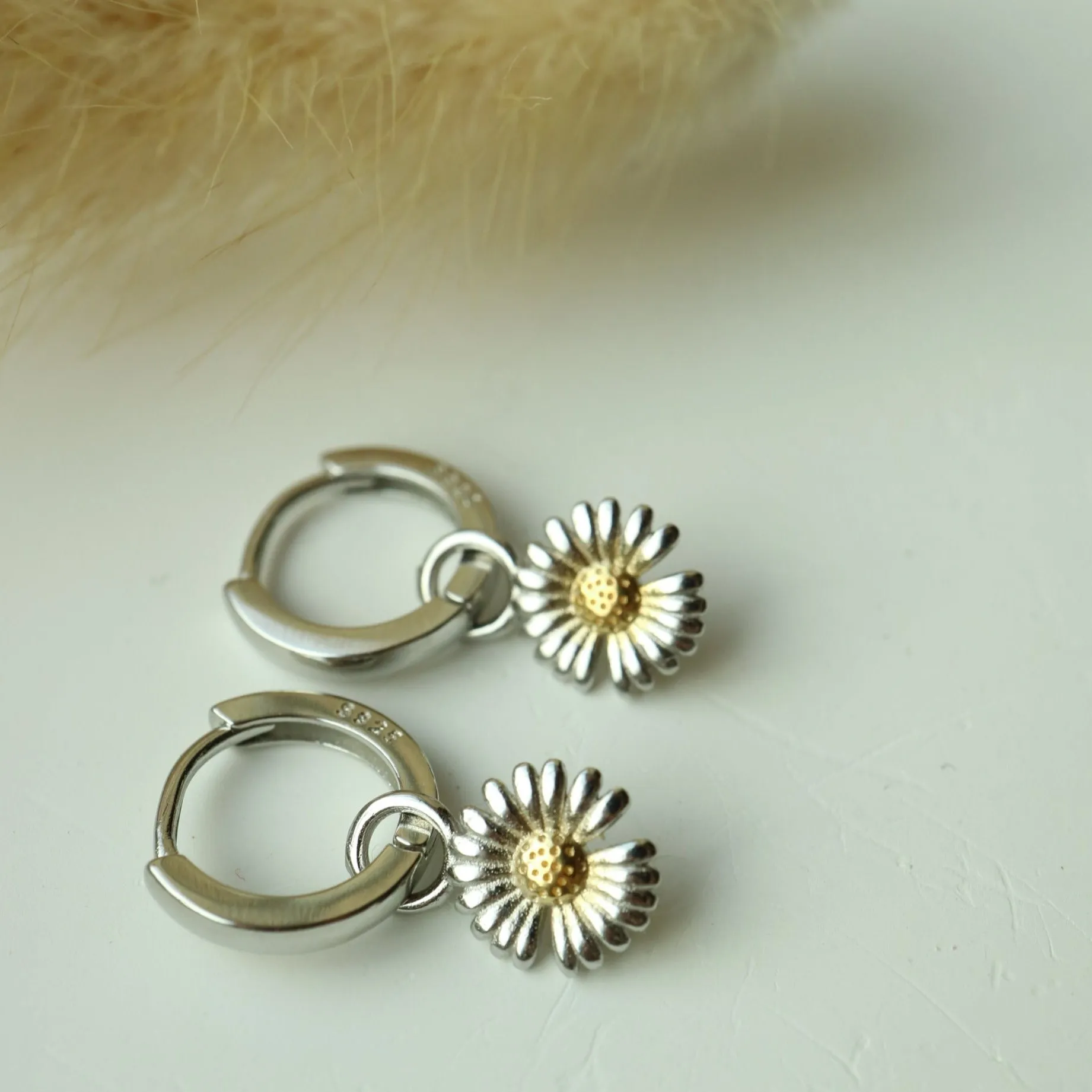 Chrysanthemum Bloom Silver Huggie Hoops Earrings