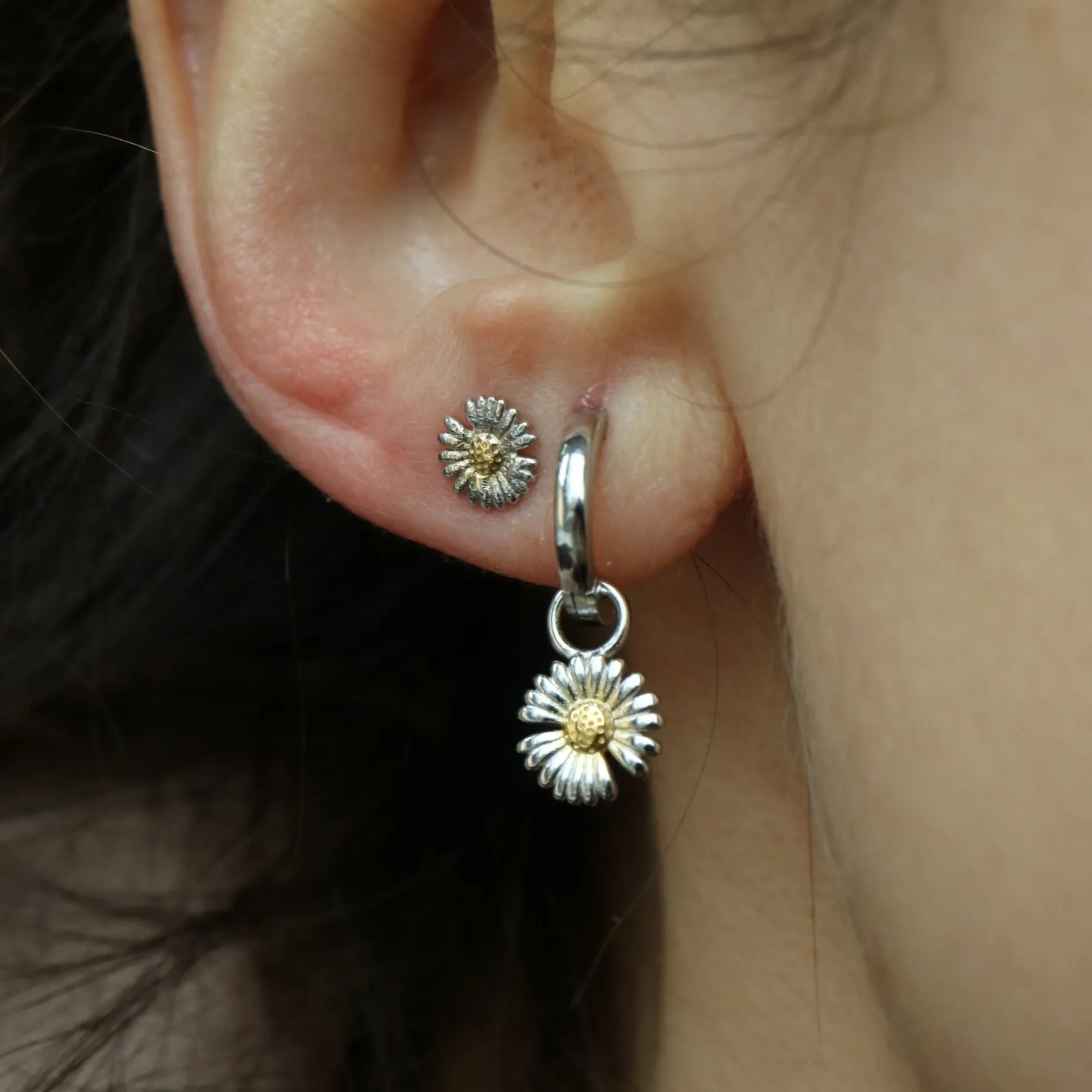 Chrysanthemum Bloom Silver Huggie Hoops Earrings