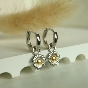 Chrysanthemum Bloom Silver Huggie Hoops Earrings