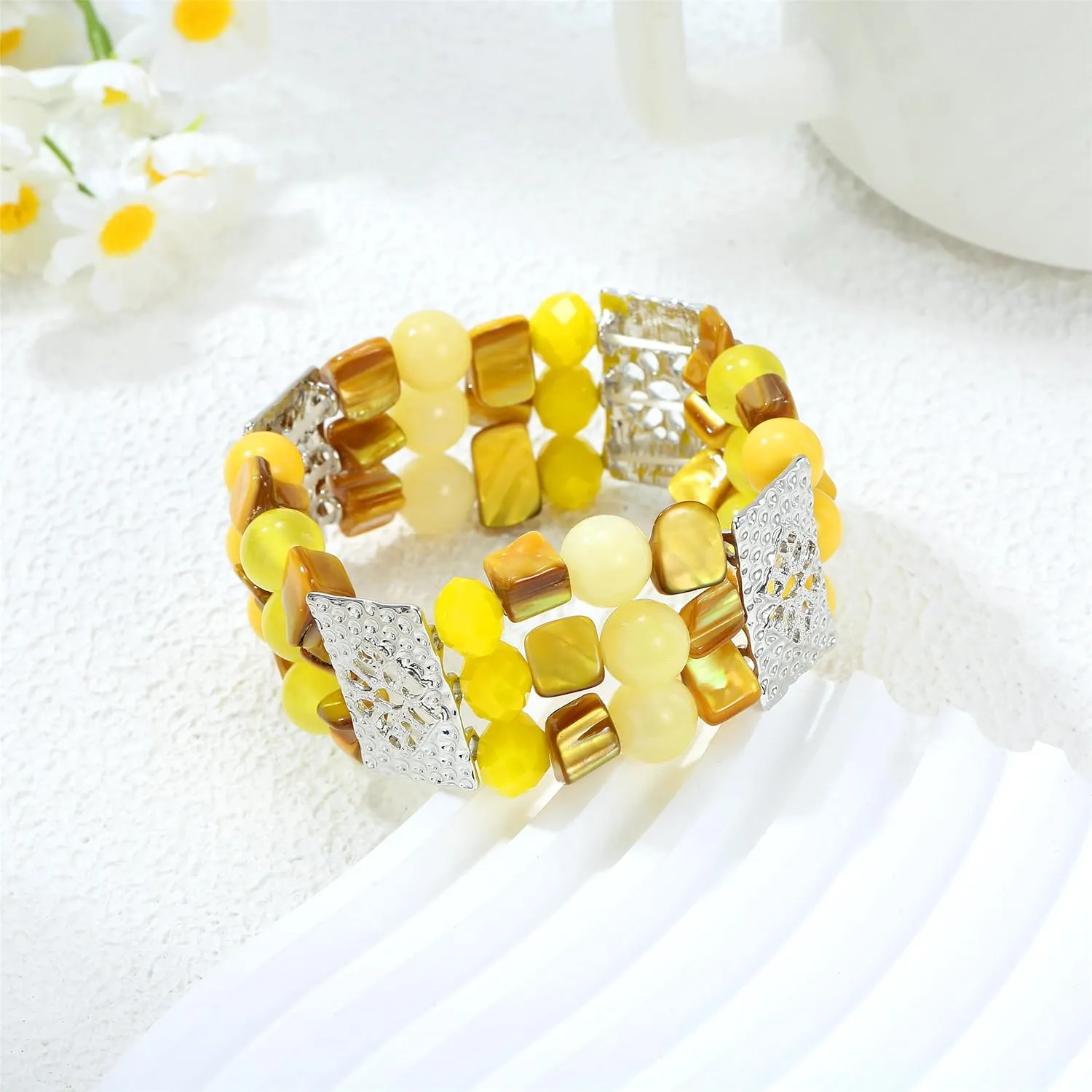 Chunky Natural Shell Stone Beaded Stretch Bracelet for Women, Classy Boho Jewelry Gift