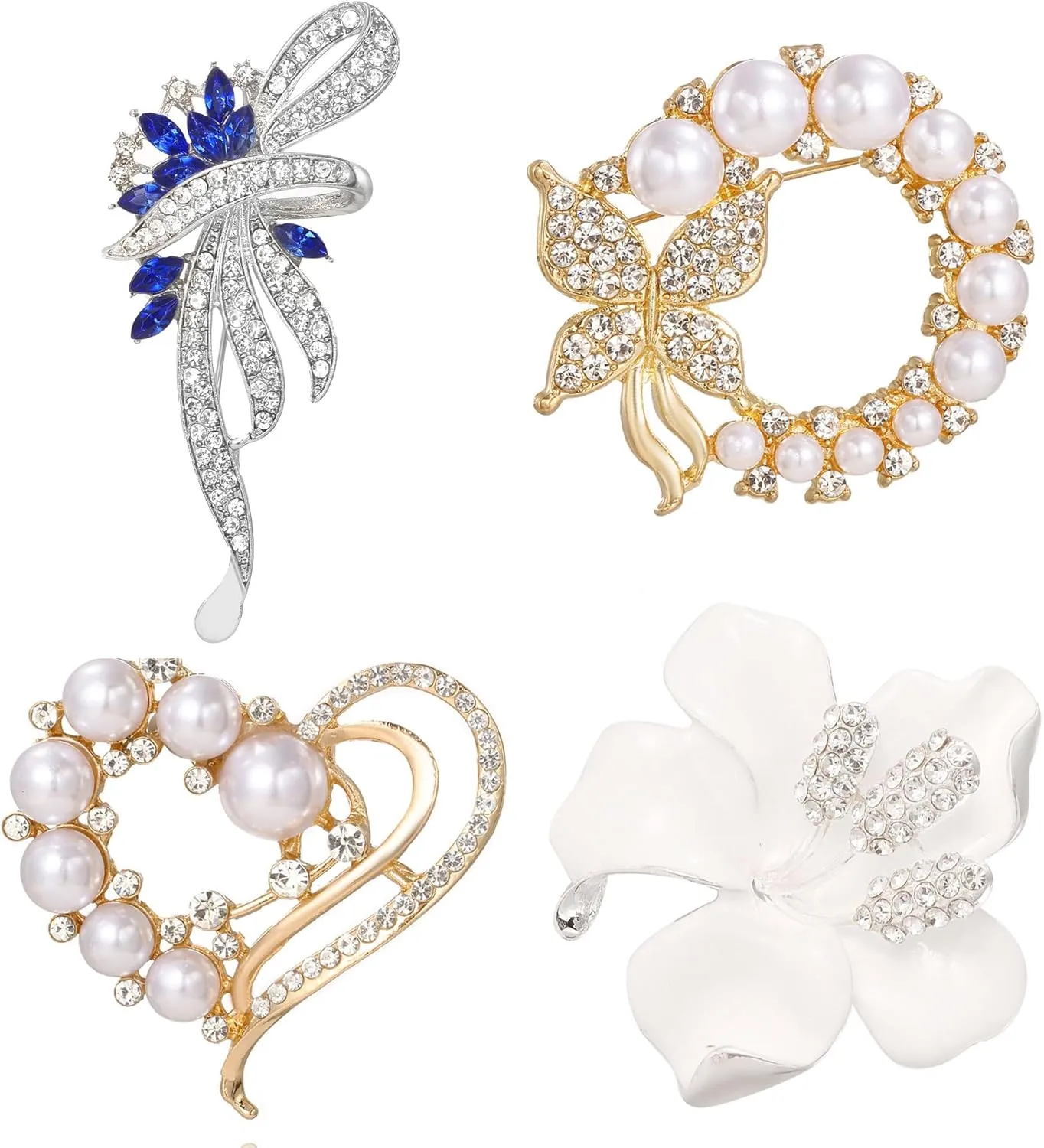 Coiris 4Pcs Brooches for Women Crystal Pearl Silver Gold Rhinestone Flower Heart Four-leaf Clover Swan Bridal Brooch for Wedding