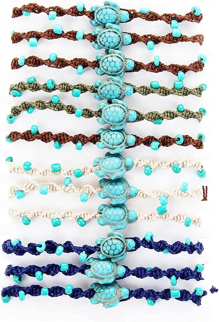COLORFUL BLING 12Pc Adjustable Natural Sea Shell Starfish Cowries Strand Bracelets Handmade Braided Turtle Tortoise Beads Bracelet for Women Surfer Beach Friendship Jewelry