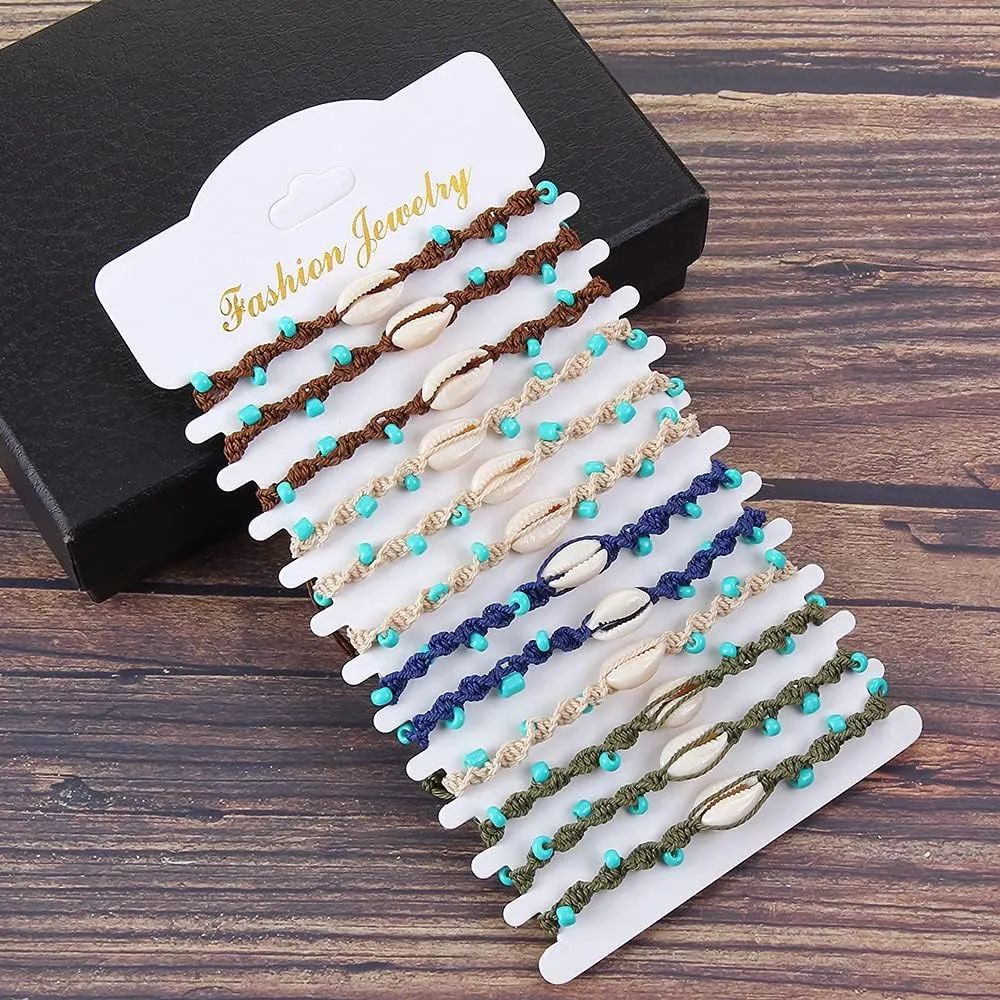 COLORFUL BLING 12Pc Adjustable Natural Sea Shell Starfish Cowries Strand Bracelets Handmade Braided Turtle Tortoise Beads Bracelet for Women Surfer Beach Friendship Jewelry