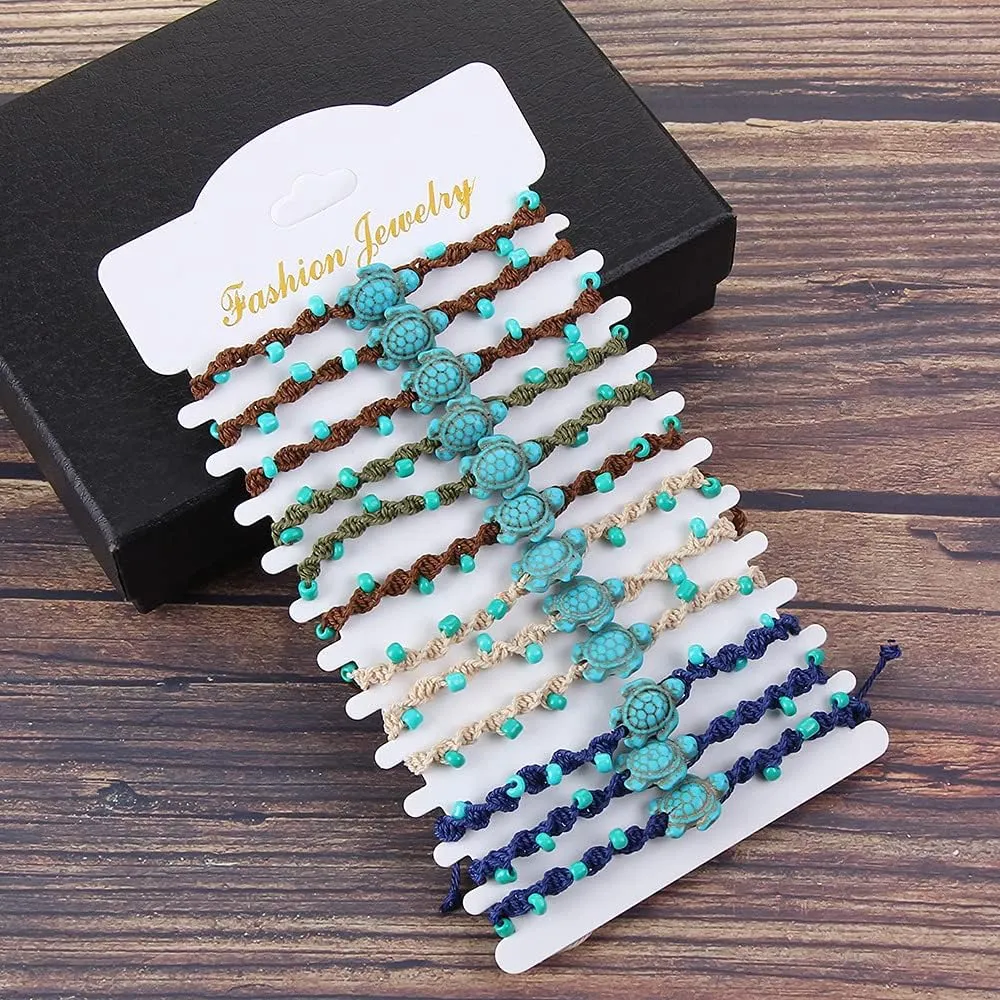 COLORFUL BLING 12Pc Adjustable Natural Sea Shell Starfish Cowries Strand Bracelets Handmade Braided Turtle Tortoise Beads Bracelet for Women Surfer Beach Friendship Jewelry