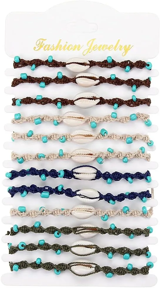 COLORFUL BLING 12Pc Adjustable Natural Sea Shell Starfish Cowries Strand Bracelets Handmade Braided Turtle Tortoise Beads Bracelet for Women Surfer Beach Friendship Jewelry