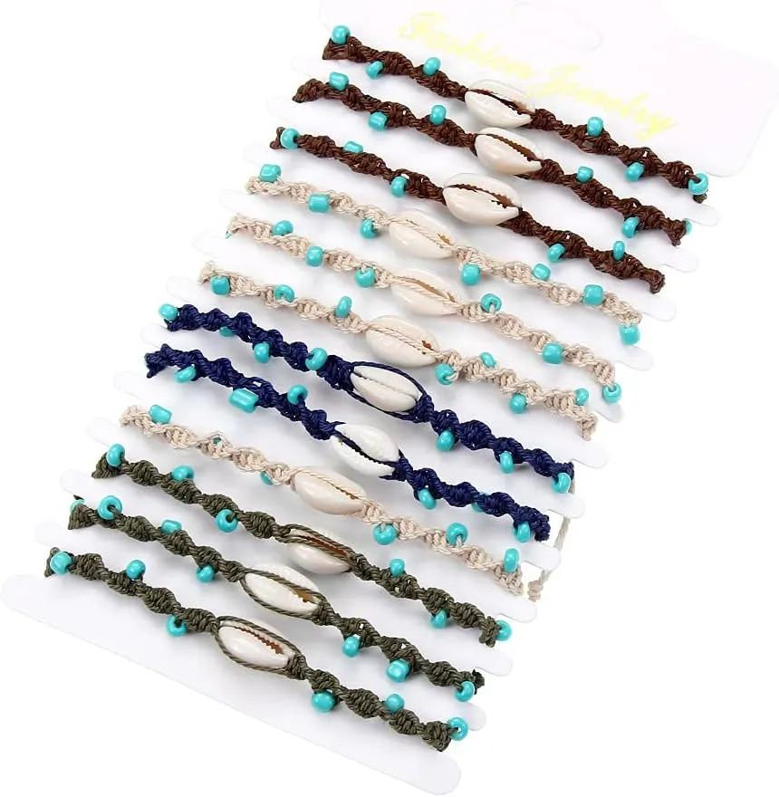 COLORFUL BLING 12Pc Adjustable Natural Sea Shell Starfish Cowries Strand Bracelets Handmade Braided Turtle Tortoise Beads Bracelet for Women Surfer Beach Friendship Jewelry