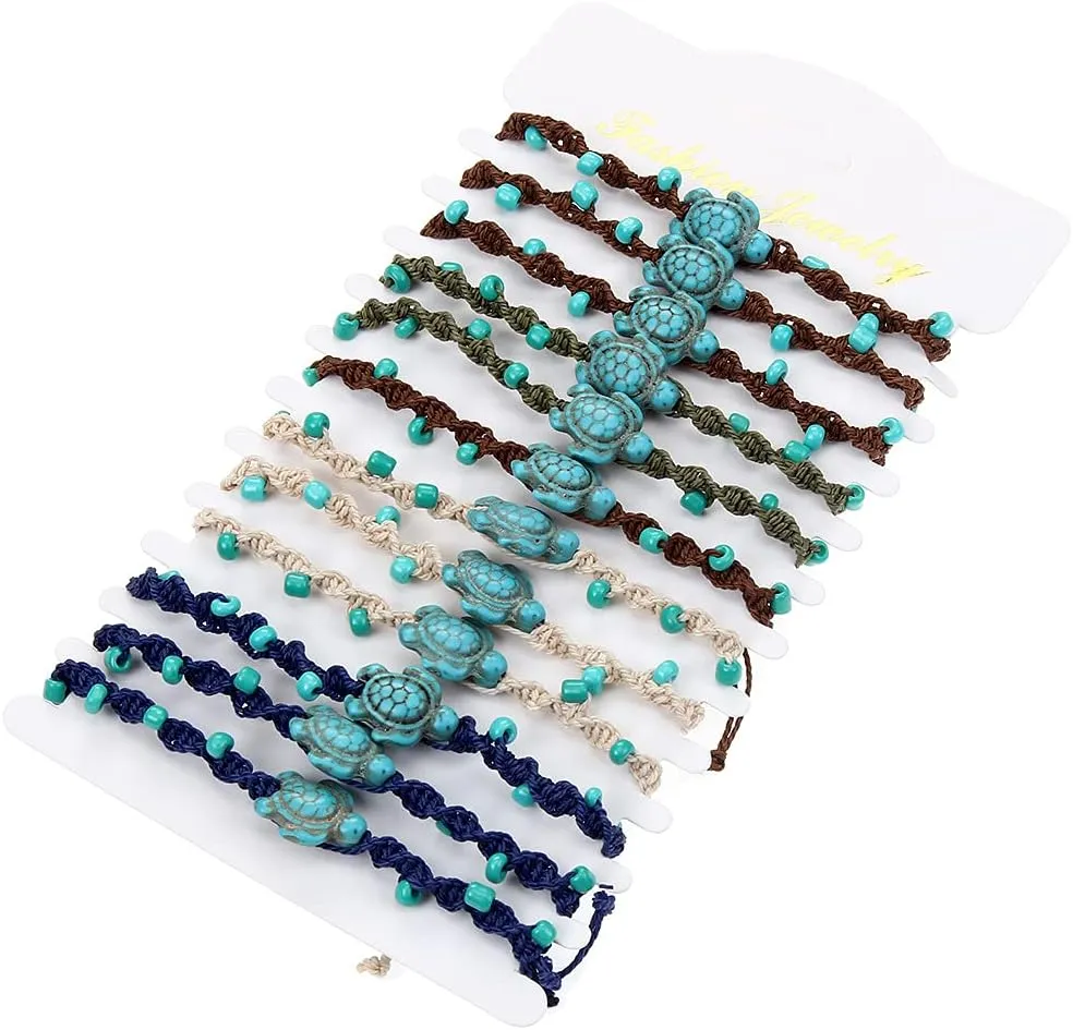 COLORFUL BLING 12Pc Adjustable Natural Sea Shell Starfish Cowries Strand Bracelets Handmade Braided Turtle Tortoise Beads Bracelet for Women Surfer Beach Friendship Jewelry