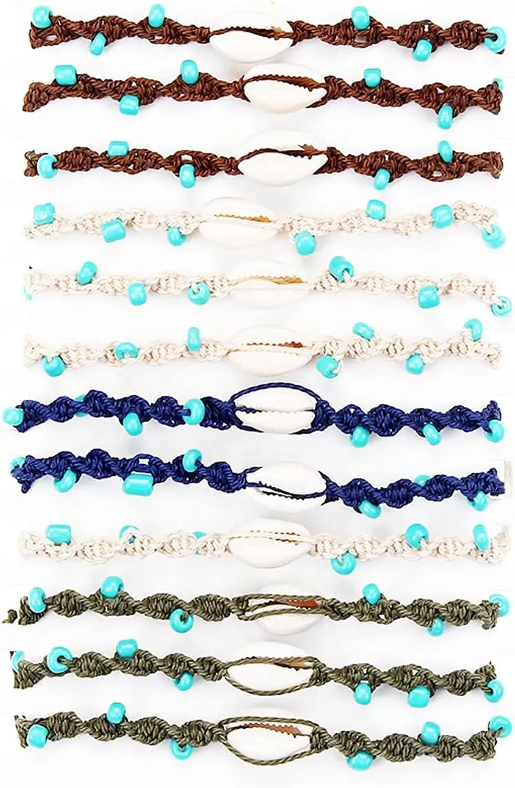 COLORFUL BLING 12Pc Adjustable Natural Sea Shell Starfish Cowries Strand Bracelets Handmade Braided Turtle Tortoise Beads Bracelet for Women Surfer Beach Friendship Jewelry