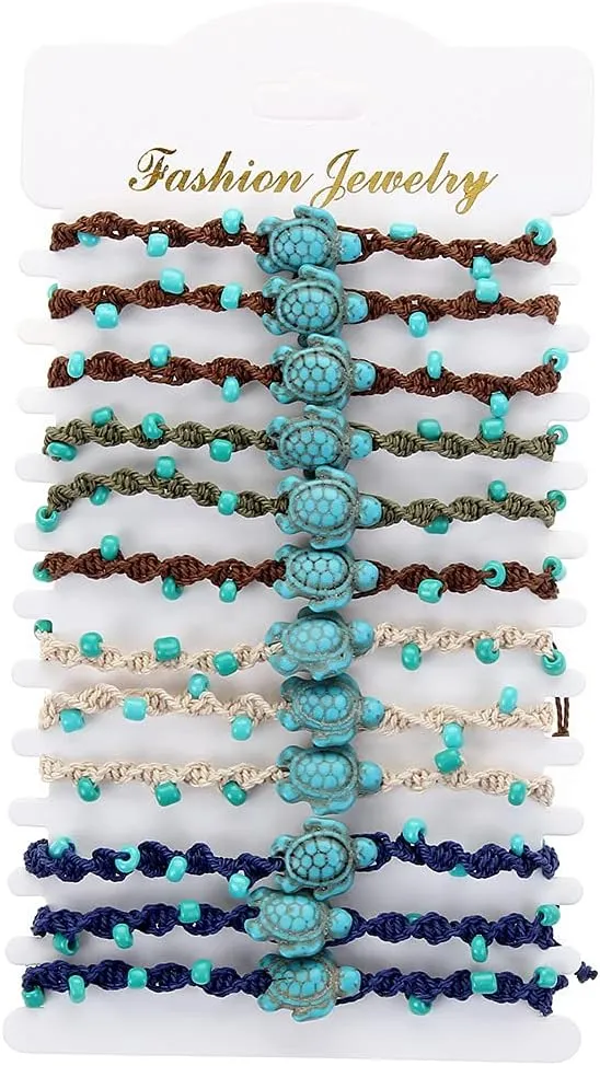 COLORFUL BLING 12Pc Adjustable Natural Sea Shell Starfish Cowries Strand Bracelets Handmade Braided Turtle Tortoise Beads Bracelet for Women Surfer Beach Friendship Jewelry
