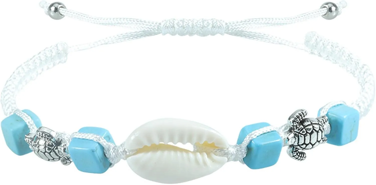COLORFUL BLING 1/3Pcs Set Natural Cowrie Shell Turtle Turquoise Beaded Adjustable Rope Strand Bracelet Handmade Women Jewelry Bohemian Gifts Summer Beach Holiday Party Hawaiian Seashell