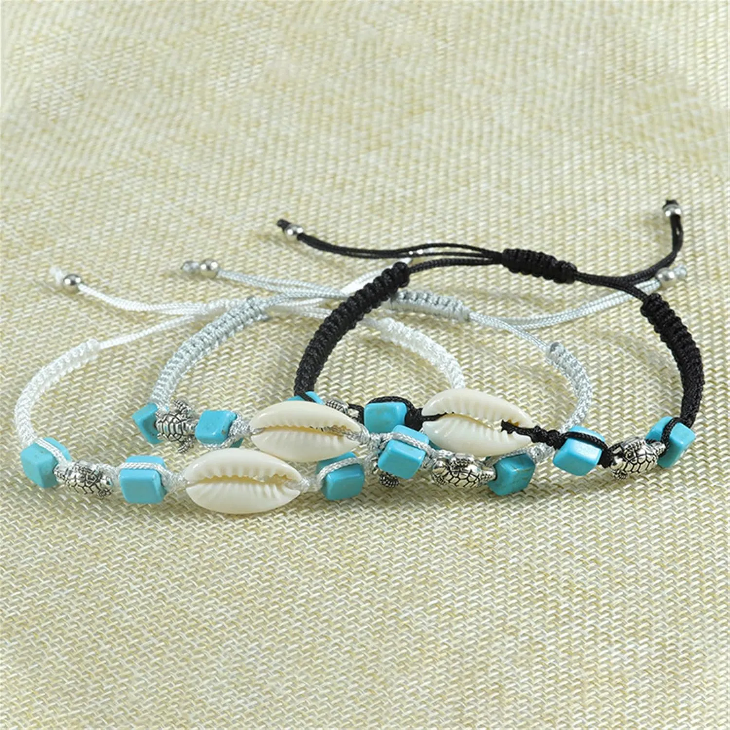 COLORFUL BLING 1/3Pcs Set Natural Cowrie Shell Turtle Turquoise Beaded Adjustable Rope Strand Bracelet Handmade Women Jewelry Bohemian Gifts Summer Beach Holiday Party Hawaiian Seashell