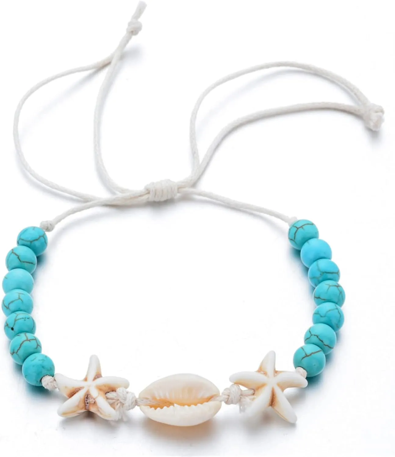 COLORFUL BLING Natural Cowrie Shell Turquoise Beaded Adjustable Bracelet Starfish Rope Strand Bracelet Handmade Women Jewelry Bohemian Gifts Summer Beach Holiday Party Hawaiian Seashell