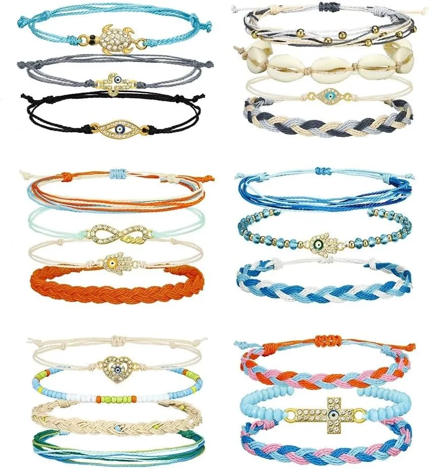 COLORFUL BLING Wave String Bracelets Braid Puka Shell Evil Eye Adjustable String Seashell Bracelets Beach Boho Trendy Jewelry Gifts