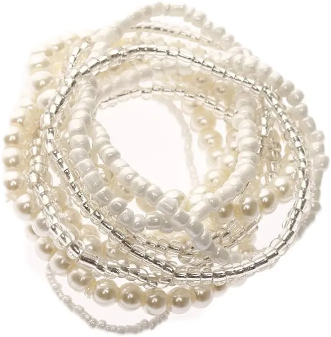 COLORFUL BLING Women Multilayer Temperament Imitated Pearl Stackable Strand Bracelets Beaded Seed Heart Rhinestone Crystal Stretch Bracelet Wedding Wrist Jewelry