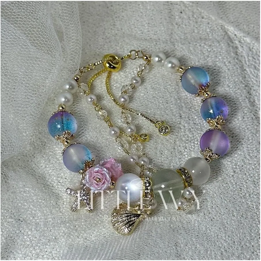 Cool Rafayel Bracelet Love and Deepspace Pink Rose Purple Beads Bracelet Woven Hand Wrap with Metal Shell Pendant