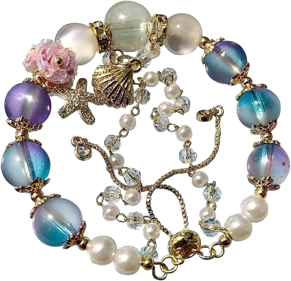 Cool Rafayel Bracelet Love and Deepspace Pink Rose Purple Beads Bracelet Woven Hand Wrap with Metal Shell Pendant
