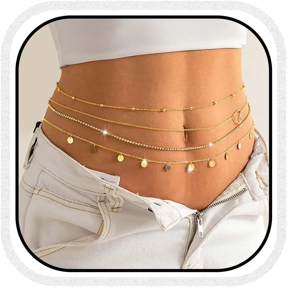 COSYDAYS Gold Waist Chain Sequin Layered Belly Chains Beach Body Jewelry for Women 4PCS
