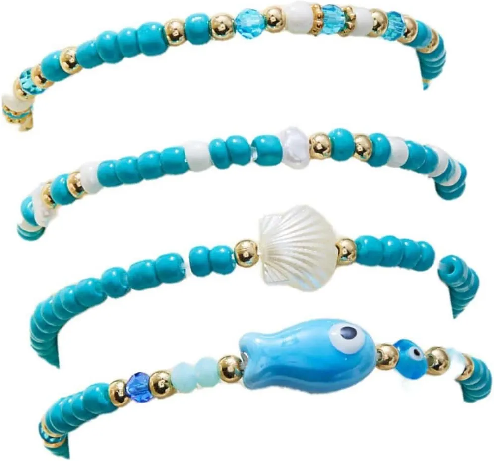 Cute Ceramic Fish Bracelets Set Colorful Boho Shell Beaded Stretch Stackable Bracelets for Women Ocean Summer Beach Jewelry