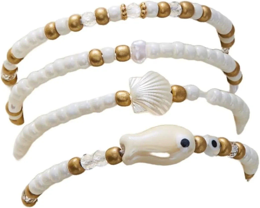 Cute Ceramic Fish Bracelets Set Colorful Boho Shell Beaded Stretch Stackable Bracelets for Women Ocean Summer Beach Jewelry
