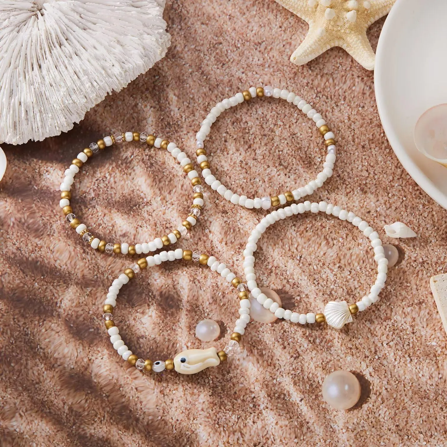 Cute Ceramic Fish Bracelets Set Colorful Boho Shell Beaded Stretch Stackable Bracelets for Women Ocean Summer Beach Jewelry