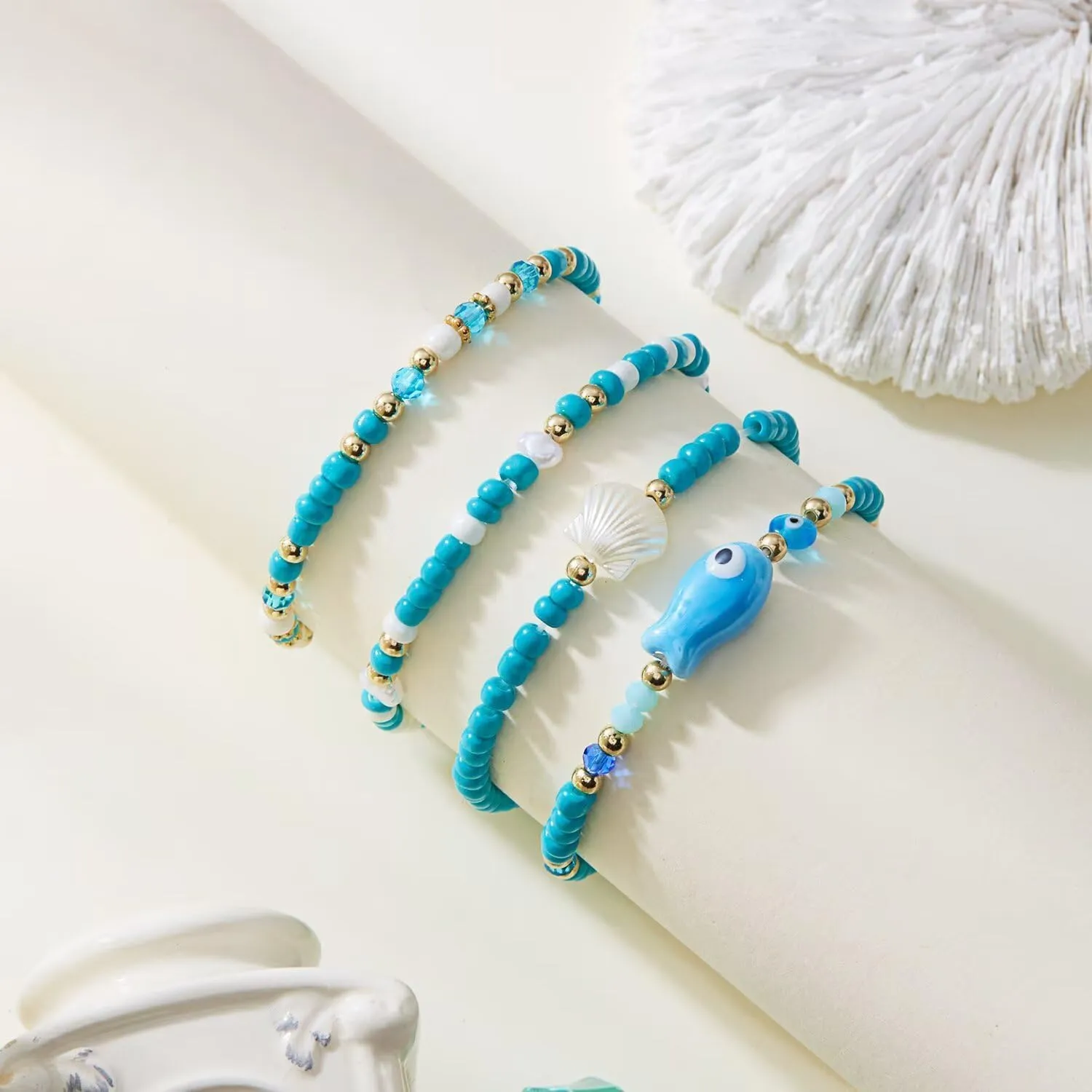 Cute Ceramic Fish Bracelets Set Colorful Boho Shell Beaded Stretch Stackable Bracelets for Women Ocean Summer Beach Jewelry