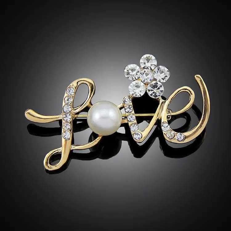 Dainty Love Letter Brooch Pin for Women Girls,Elegant Rhinestone Pearl Brooch Love Flower Scarf Brooch Shawl Pin Clip Badge Corsage Wedding Party Clothes Accessories