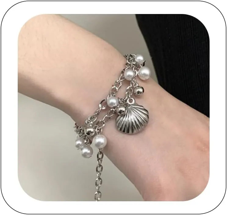 Dainty Pearl Bracelets With Shell Pendant Silver Pearls Beads Ball Bracelets Chain Adjustable Double Layer Strand Bracelets Jewelry Cute Handmade Gift for Women