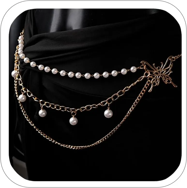 Dainty Pearl Butterfly Waist Chain Layered Belly Body Chains Bikini Dress Belts Body Jewelry for Women