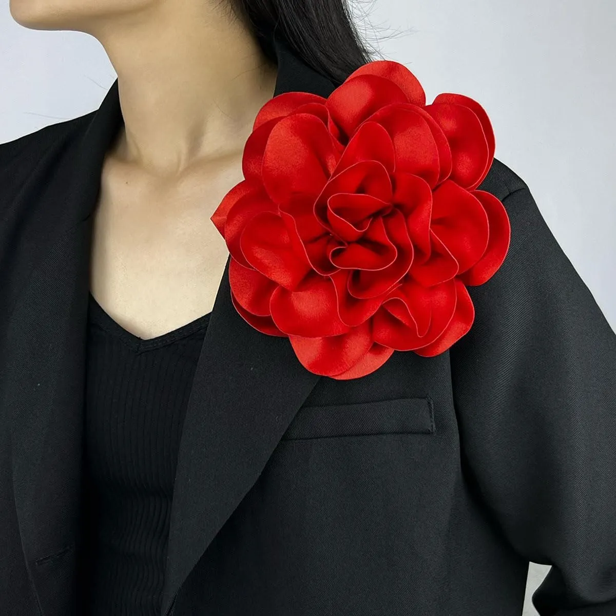 Dainty Satin Fabric Rose Flower Brooches 7.5in Extra Large Big Camellia Flower Brooches Lapel Pins for Women Wedding Party Dance Dress Clothes Accessories