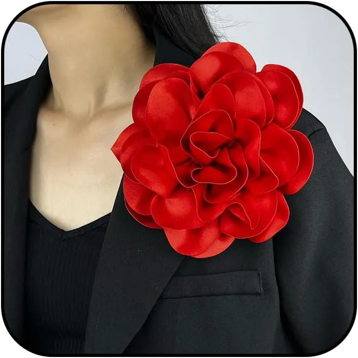 Dainty Satin Fabric Rose Flower Brooches 7.5in Extra Large Big Camellia Flower Brooches Lapel Pins for Women Wedding Party Dance Dress Clothes Accessories