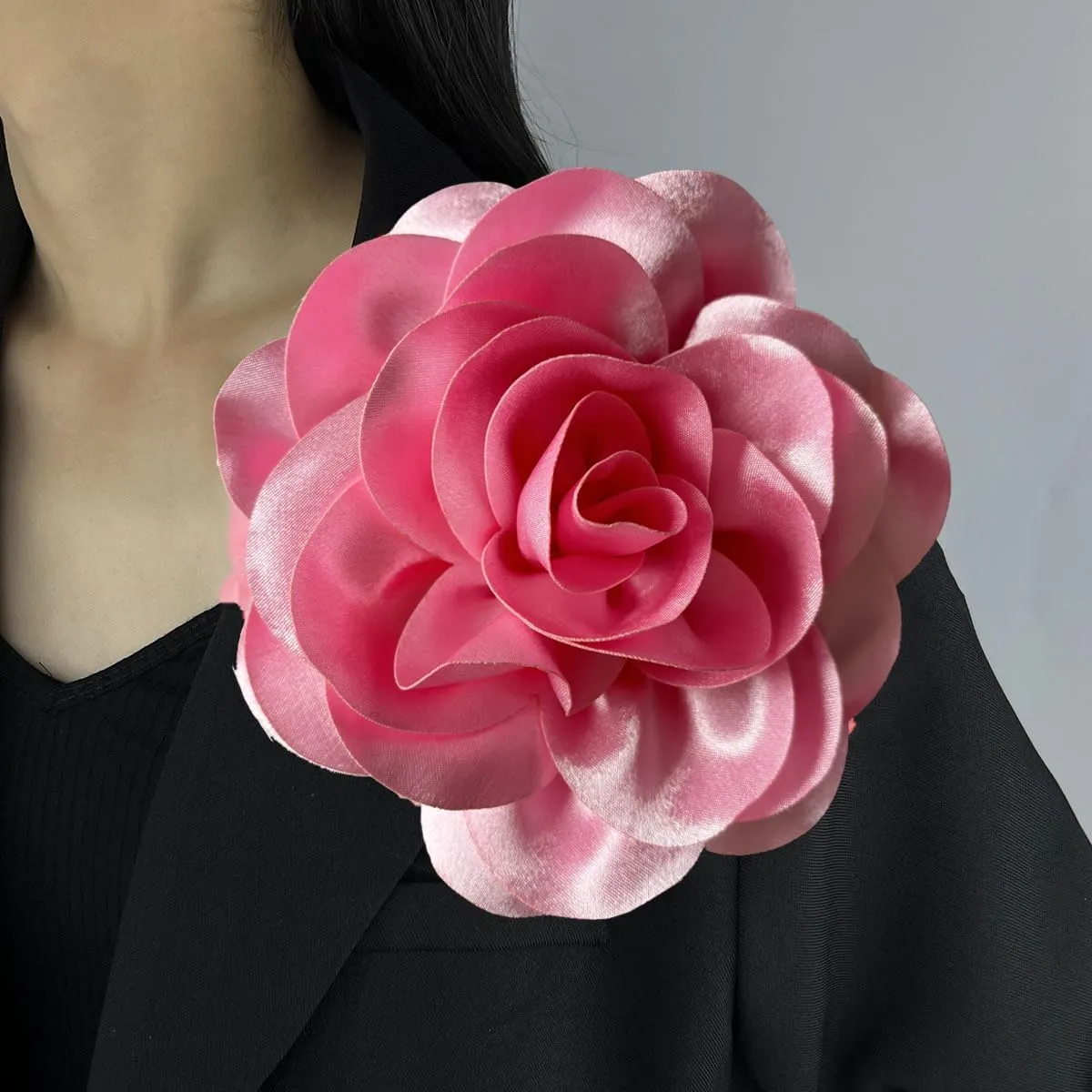Dainty Satin Fabric Rose Flower Brooches 7.5in Extra Large Big Camellia Flower Brooches Lapel Pins for Women Wedding Party Dance Dress Clothes Accessories