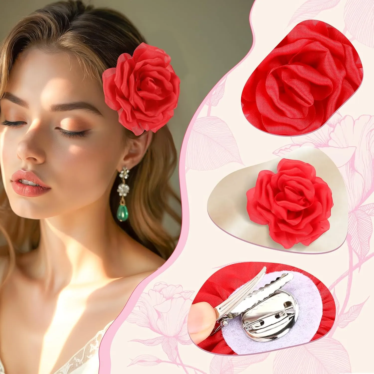 Dainty Satin Rose Flower Brooches 5.12 inch Large Camellia Flower Hair Clip Oversized Chiffon Rose Flower Brooch for Women Wedding Party Dance Ceremony Dress Clothes Accessories