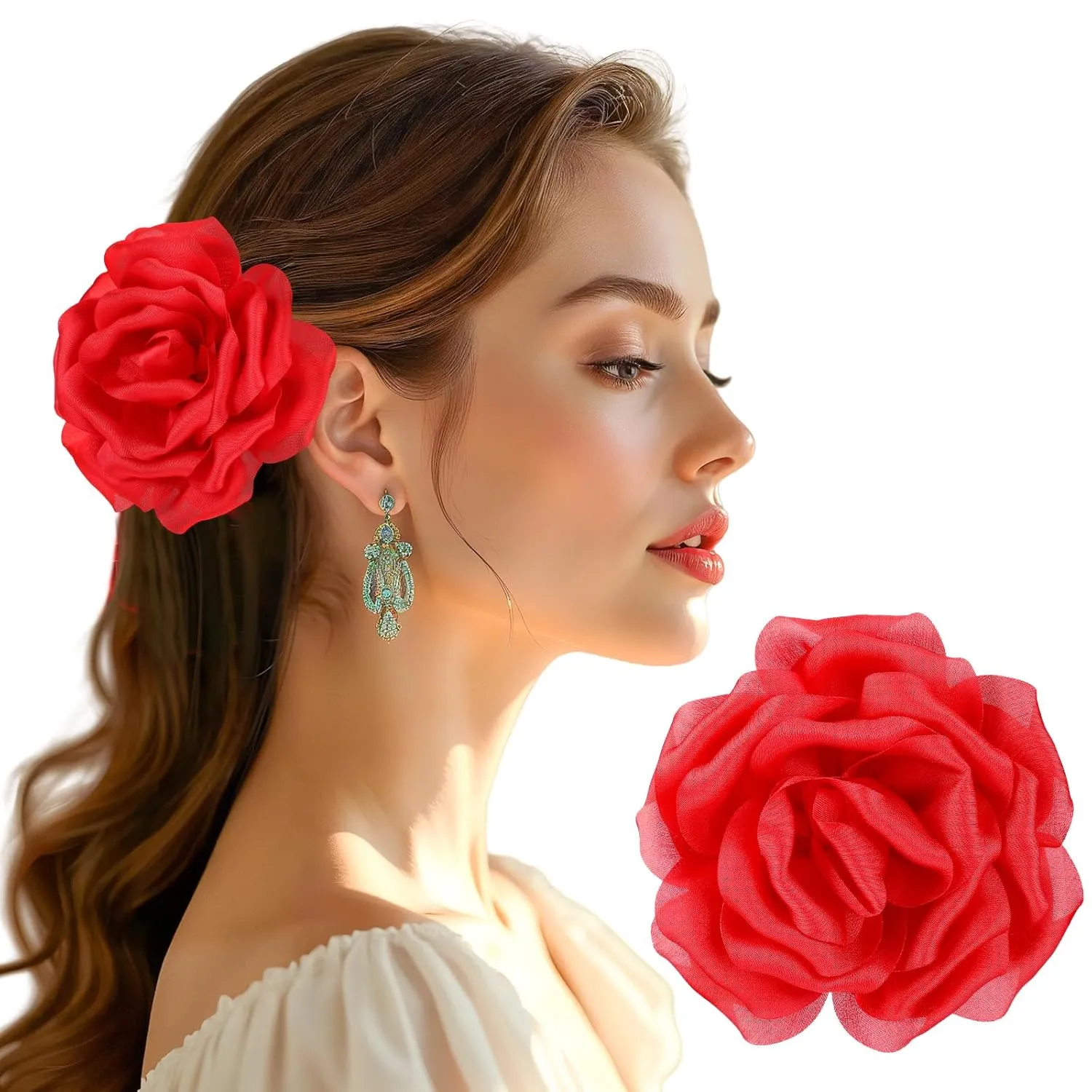 Dainty Satin Rose Flower Brooches 5.12 inch Large Camellia Flower Hair Clip Oversized Chiffon Rose Flower Brooch for Women Wedding Party Dance Ceremony Dress Clothes Accessories