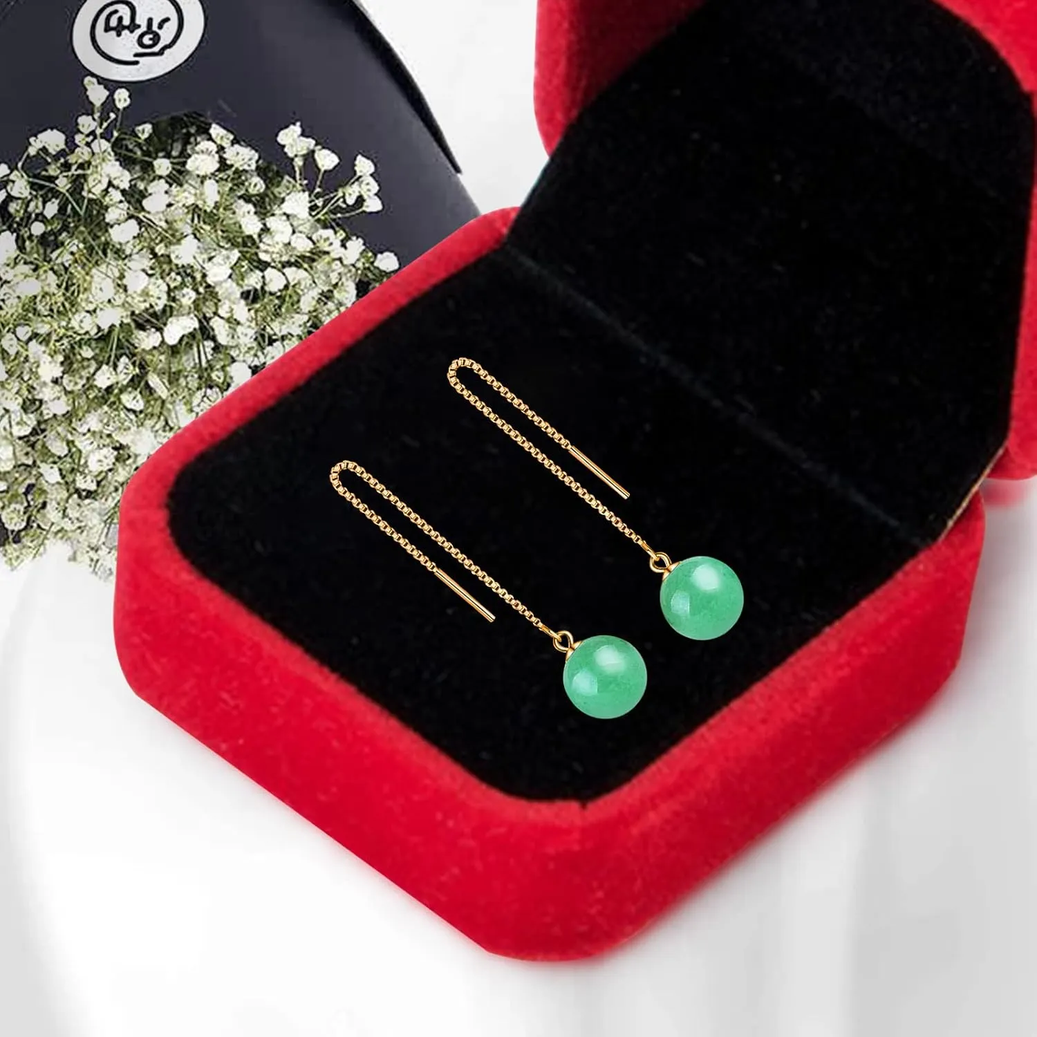 Dangle Earrings for Women,Vintage 925 Sterling Silver Jade Drop Earrings,Green Jade Drop Hanging Threader Jewelry for Valentine's Gift (gold)