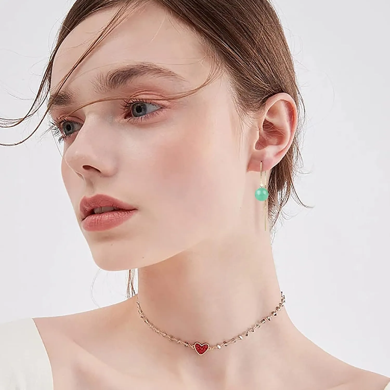 Dangle Earrings for Women,Vintage 925 Sterling Silver Jade Drop Earrings,Green Jade Drop Hanging Threader Jewelry for Valentine's Gift (gold)