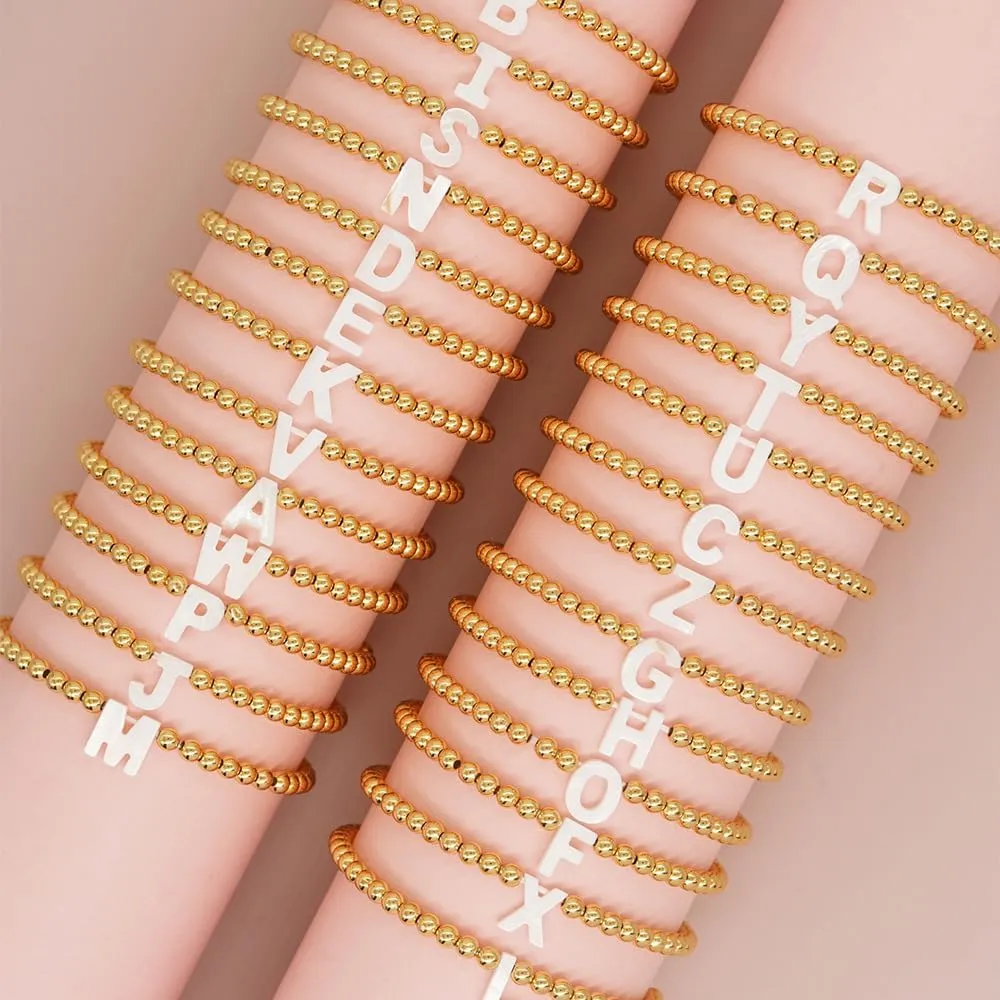 Danity Gold Beads Shell Letter Beads Bracelets Initial Bracelets 26 Letters Initial Charms Bracelet for Women Gifts Gold Plated Stretch Beaded Ball Bracelet Jewelry Gifts