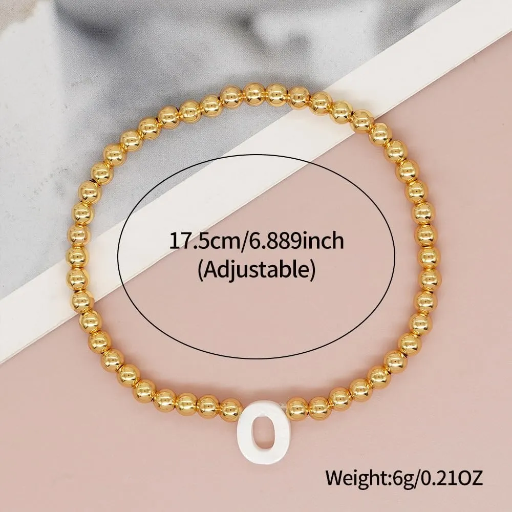 Danity Gold Beads Shell Letter Beads Bracelets Initial Bracelets 26 Letters Initial Charms Bracelet for Women Gifts Gold Plated Stretch Beaded Ball Bracelet Jewelry Gifts
