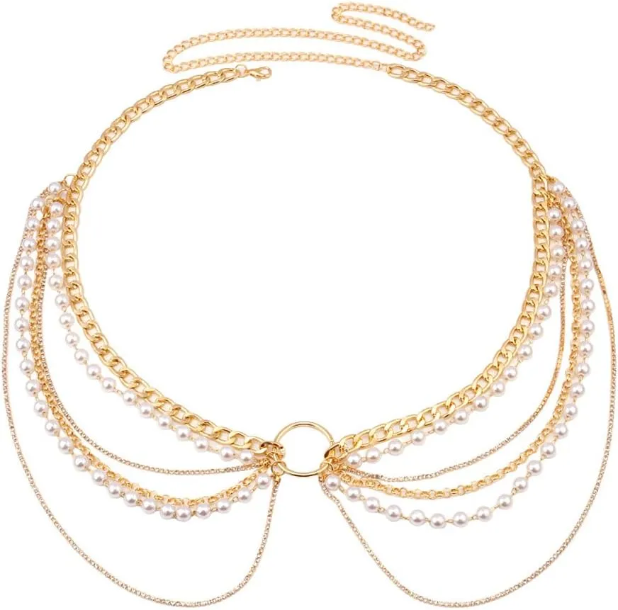 DNLKWGO Boho Bikini Belly Chains Pearl Layered Waist Chains Beach Belly Body Chain Body Accessories for Women Girls