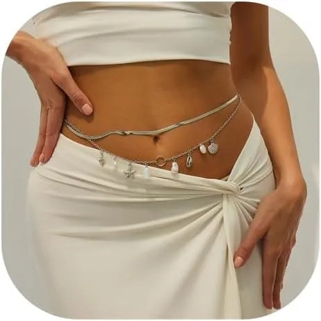 Double Layered Shell Starfish Tassel Waist Chain Metal Flat Belly Chains Summer Beach Starfish Body Chain Layered Conch Waist Body Jewelry for Women