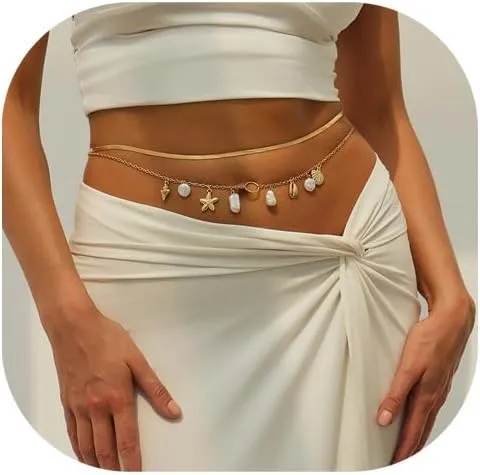 Double Layered Shell Starfish Tassel Waist Chain Metal Flat Belly Chains Summer Beach Starfish Body Chain Layered Conch Waist Body Jewelry for Women
