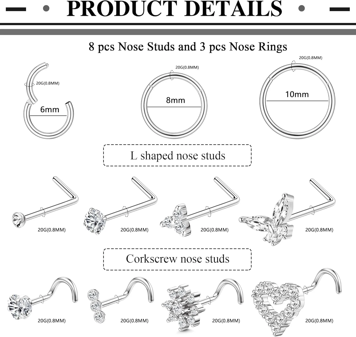 Drperfect Nose Studs Nose Rings 18G 20G Nose Rings Studs Gold Small Nose Studs - L Shaped Corkscrew Hoop Nose Ring - CZ Butterfly Heart Flower 316L Surgical Steel Tiny Nostril Nose Piercing Jewelry for Women Men 11Pcs