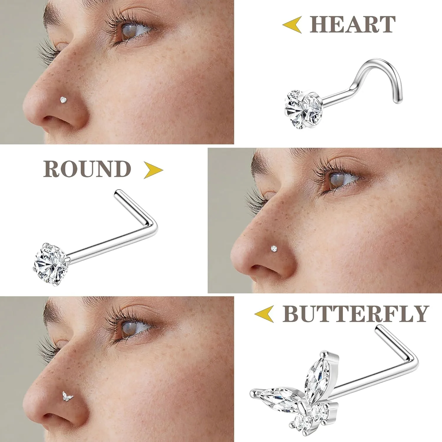 Drperfect Nose Studs Nose Rings 18G 20G Nose Rings Studs Gold Small Nose Studs - L Shaped Corkscrew Hoop Nose Ring - CZ Butterfly Heart Flower 316L Surgical Steel Tiny Nostril Nose Piercing Jewelry for Women Men 11Pcs