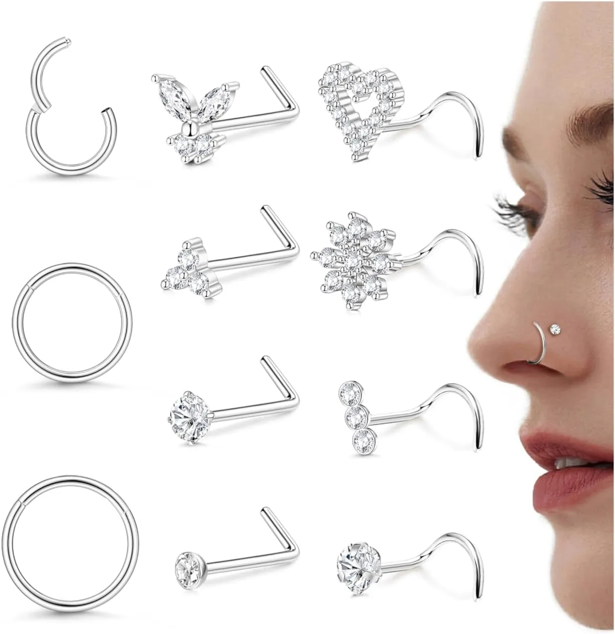 Drperfect Nose Studs Nose Rings 18G 20G Nose Rings Studs Gold Small Nose Studs - L Shaped Corkscrew Hoop Nose Ring - CZ Butterfly Heart Flower 316L Surgical Steel Tiny Nostril Nose Piercing Jewelry for Women Men 11Pcs