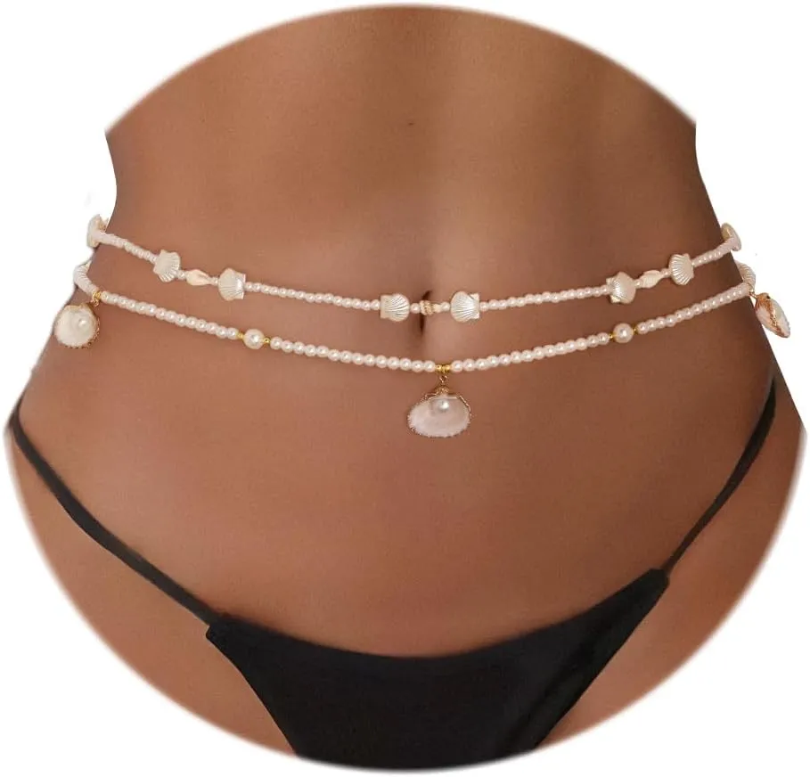 ELABEST Seashell Belly Chain Layered Pearl Shell Waist Chain Mermaid Beach Seashell Stomach Jewelry Chains for Women